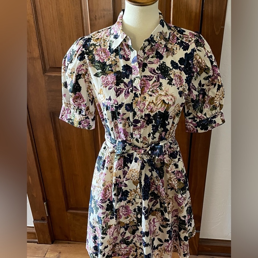 Who What Wear Floral Shirt Dress in Cream, Purple, Navy